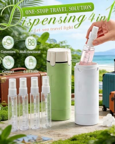 4 in 1 Travel Dispenser Bottle, Size Toiletries Shampoo Creams Bottles Set, Refillable Shampoo and Conditioner Airless Pump Bottles for Liquids, Leakproof Cosmetic Containers for Women (White)