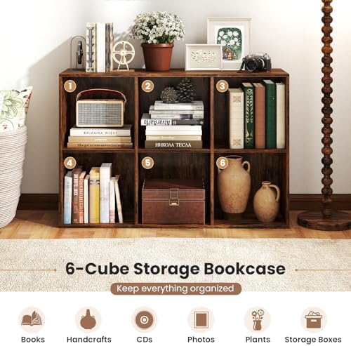 Giantex 6-Cube Bookcase, 3-Tier Cubby Bookshelf, Horizontal Vertical Display Rack with Anti-Tipping Kits, Modern Storage Organizer Shelf Unit for Living Room, Home Office, Rustic Brown | Horizontal Vertical Display Rack with Anti-Tipping Kits, Modern S...