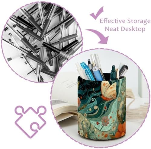 Faux Leather Pen Holder for Desk, Pencil Organizer Butterfly Pen Cup Desk Decor Makeup Brush Holder Storage for Office Home