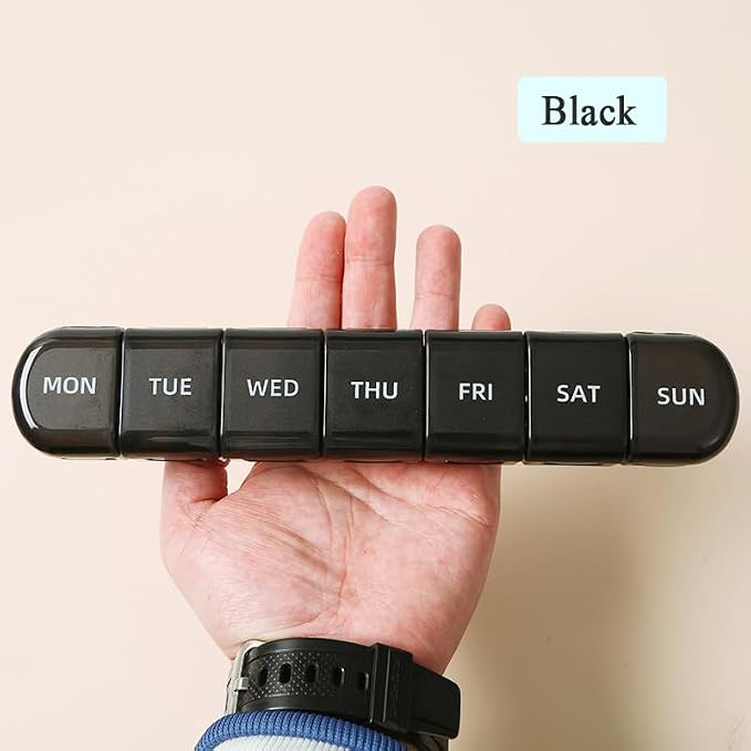 Daily Pill Organizer, 7 Days Detachable Medicine Box Container | Black, Travel Size Vitamin Planner Reminder, Portable Meds Storage 7-Day Holder for Medication, Fish Oils, Supplements