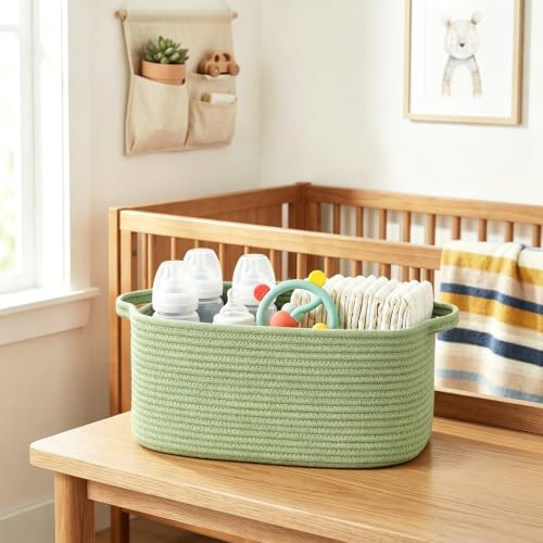 Large Green Woven Basket, 16.5" x 12.5" x 7" Empty Gift Basket, Big Cotton Rope Storage Bin for Gifts, Clothes, Towels, Books, Dog Toy Bin Box, Baby Nursery Organizer, Sage Green Room Decor