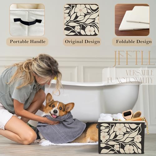 Boho Black and Beige Floral Storage Bins with Handles, Abstract Boho Neutral Flower Botanical Collapsible Laundry Basket Storage Box for Home Bedroom Bathroom Clothes Toys Books