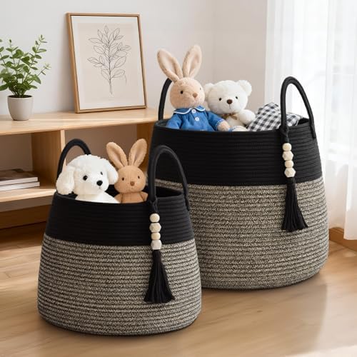 Large Nursery Hamper, 30L Blanket Basket with Handle, Baby Laundry Basket for Gift, Toy, Clothes, Woven Storage Basket with Wooden Bead Decor, Baby Hamper for Nursery (Black&Brown)