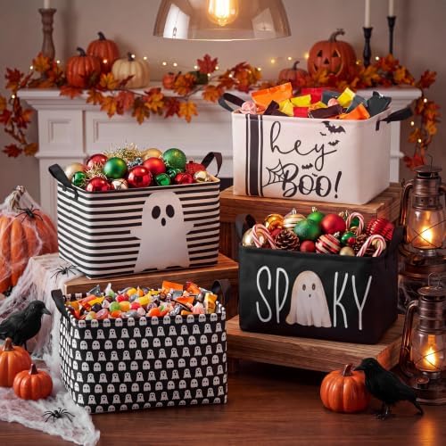 Chunful 4 Pcs Halloween Storage Baskets Black Hey Boo Cute Ghost Laundry Boo Basket Horror Scary Hamper Foldable Storage Bins with Handle Collapsible Organizer for Home Closet Office Bedroom
