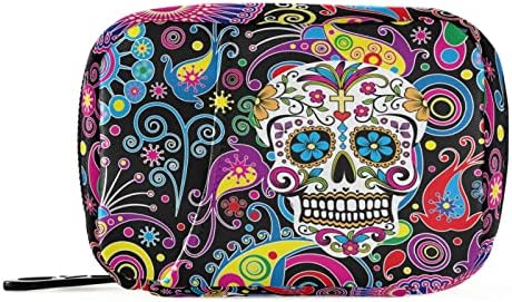 Flower Paisley Skull Pill Box 7 Day Pill Case Travel Pill Organizer Bag with Zipper Portable Weekly Case Compact Size for Vitamin Supplement Holder
