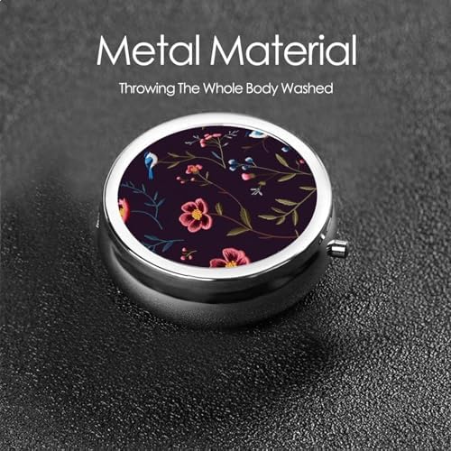 ZhongGuo Flower Hummingbirds Embroidery Printed Pill Organizer,Round Travel Pill Organizer Mini Medicine Pill Box for Purse Iron Plating