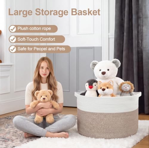 90L Large Blanket Basket Storage with Handles - White & Brown