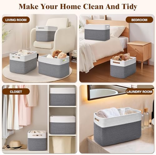 Storage Baskets for Organizing, 4 Pack Baskets for Shelves, Decorative Storage Bins for Shelves, Cotton Rope Storage Basket with Handles, Woven Basket for Storage, 13''Lx8.7''Wx7.9''H, White & Gray