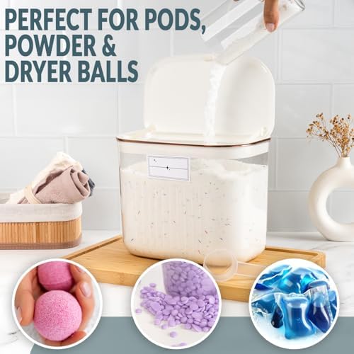 Laundry Room Organization and Storage Container - Wall & Cabinet Hanging - 7L / 236oz Large Capacity - Clear Container for Laundry Pods, Detergent Powder, Beads & Dryer Balls with Scoop & Labels