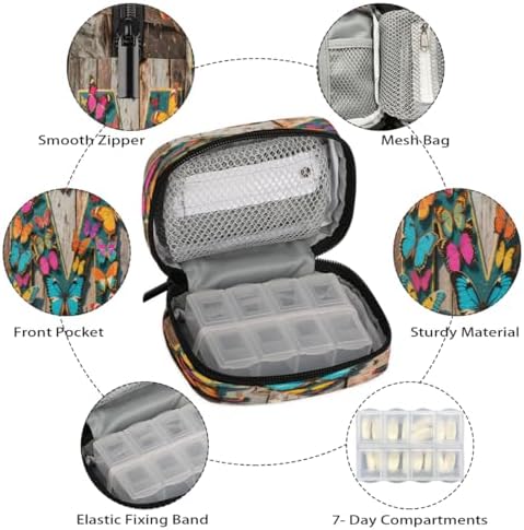 Pill Organizer Box Board Butterfly Letters 7-Day Weekly Medicine Pill Case Travel Pill Container Portable Pill Holder Storage Purse Bag Small Compact Size for Vitamin Supplement Birth Control