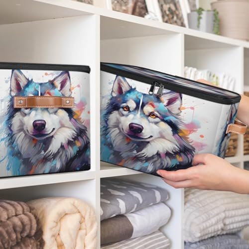 Storage Bin Dog Animal Storage Basket with Zipper Lid & Handle Foldable Storage Box Cube Bins Clothes Organizer for Closet, Bedroom