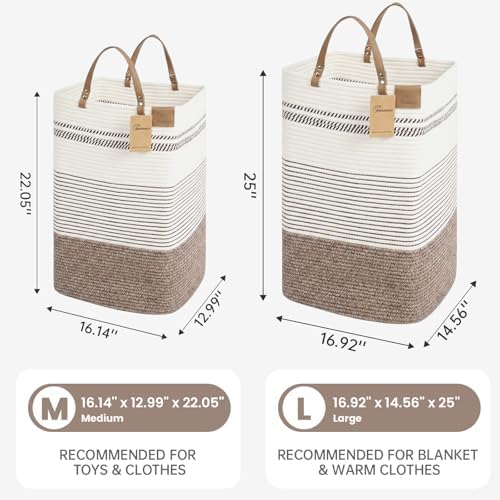 danpinera 100L Nursery Hamper, Tall Woven Laundry Basket with Long Leather Handles, Boho Laundry Hamper for Living Room, Eco-friendly & Convenient Decorative Storage Basket, White & Dark Brown