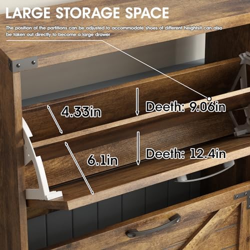 Maupvit 24" W Farmhouse Shoe Cabinet Storage for Entryway, Freestanding Organizer with 2 Flip Drawers, Narrow Shoe Rack Cabinet with Metal Corner Decoration, Rustic Brown
