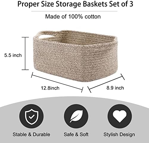 OIAHOMY 3 Pack Storage Baskets for Shelves Cotton Rope Storage Bins Brown | Woven Baskets for Storage Nursery Storage Basket with Handles Baskets for Organizing Small Baskets Gift Baskets Empty
