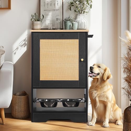 Pet Feeding Station Cabinet Storage Organizer Hidden Pull Out Elevated Bowls Stainless Steel Removable Dishes Side Hooks Anti Tip Kit Adjustable Shelves Waterproof Top Indoor Dogs Cats