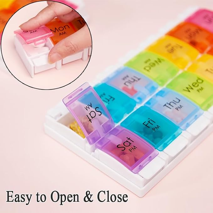 Push Button 7-Day Pill Case, Daily Travel Vitamin Medicine Planner | Twice a Day AM PM 14 Compartments Pill Box Organizer Reminder for Fish Oil, Supplement, Arthritis Friendly, Colorful Lids