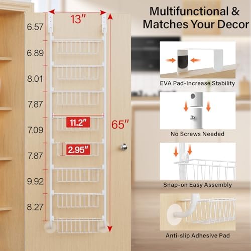 Delamu Narrow Over The Door Pantry Organizer, 8-Tier Metal Pantry Door Organization and Storage for Easy Install, Hanging Spice Rack Shelves, Door Organizer for Kitchen, 4.65"D x 13"W x 65"H, White