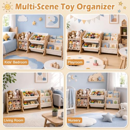 Toy Storage Organizer with 2 Shelves, 2 Bins and Stuffed Animal Storage, Playroom Toy Organizer Cabinet for Bedroom Decor, 46.3'' L