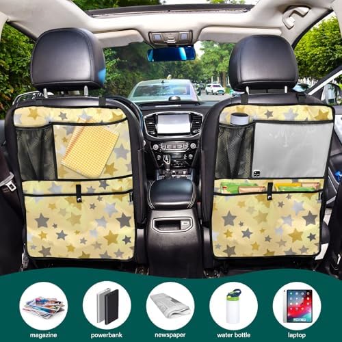 2 Pack Back Seat Car Organizer with Storage Pockets Kick Mats Back Seat Protector Hanging Car Organizer Automotive Seat Back Cover Organizers Cute Silver and Golden Stars
