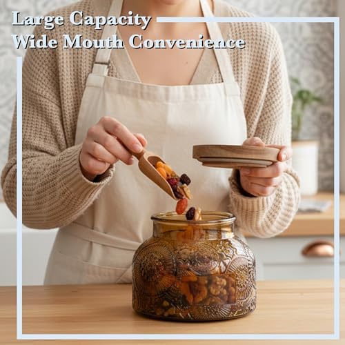 Decorative Amber Embossed Glass Jar with Airtight Wooden Lid, 40 fl. oz | Wide mouth vintage storage canister, kitchen pantry bathroom organization, coffee sugar tea cookie candy candle vase gift