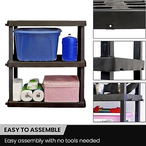 Oskar Heavy Duty Plastic Storage Shelves- for Garage, Kitchen, Bathroom Basement Kids Room, Stackable 3-Tier Black Organizer Rack for Books Shoes, Toys, Pantry, Cleaning and Closet Organization