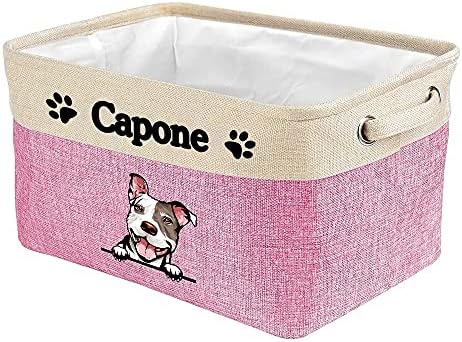 Personalized Storage Basket with Cute Dog Pit Bull Collapsible Sturdy Fabric Pet Toys Fabric Dog Toy Storage Bin Cube with Handles for Organizing, Pink and White