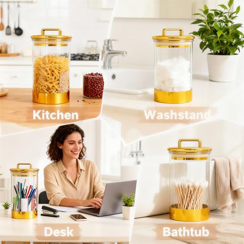 3-Pack Acrylic Storage Jars with Gold Lids – Airtight Canisters for Kitchen, Bathroom, Office | Decorative Storage for Snacks, Bath Bombs, Cotton Balls, and Small Essentials