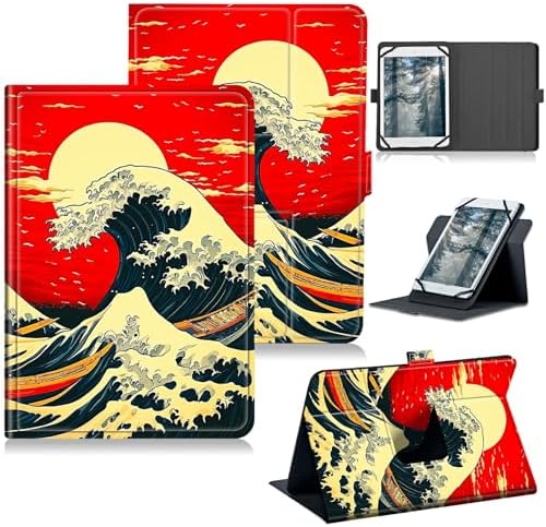 Universal Tablet Case for T-Mobile Revvl Tab 2 10.1" 2025/Revvl Tab 5G 10.36" 2023, 360 Degree Rotating Kickstand Protective Stand PU Leather Shell Cover for 9"-10.5", Red Sky Waves