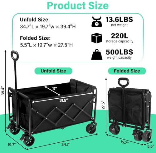 Folding Wagon Cart with All-Terrain Wheels – Heavy Duty Collapsible Utility Wagon for Grocery, Sports, Garden, Camping, Shopping (Black 500LBS)
