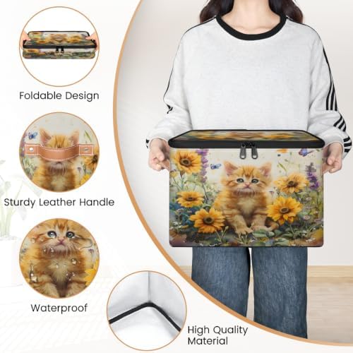 Cat Floral Storage Box with Zipper Lid | Collapsible, Fabric, Storage Bin, Handle, Large, Closet Organizer, Containers, Bedroom, Home, Yellow Sunflower