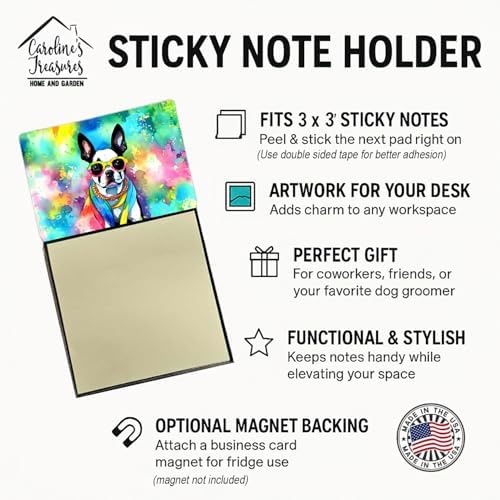 Caroline's Treasures Boston Terrier Hippie Dawg Sticky Note Holder Refillable Dispenser Self-Sticky Note Pads, Memo Pads Blank Desk Accessories