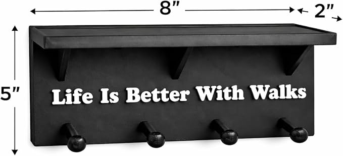 Dog Leash Holder for Wall with Shelf – 4 Hook Wall Mounted Organizer for Leashes, Harnesses & Accessories – “Life is Better with Walks” Entryway Pet Storage Rack