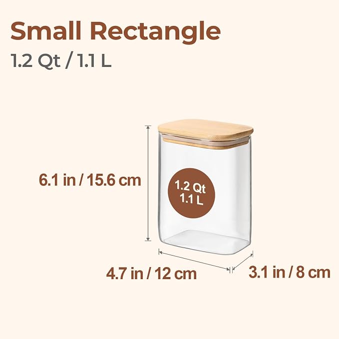 ComSaf Glass Storage Containers with Lids 1.2 Qt, Set of 4 Food Storage Jar | Glass Pantry Storage Containers, Rectangle Kitchen Canisters, Bamboo Lid with Silicone Seal, Cereal, Flour, Spice, BPA Free