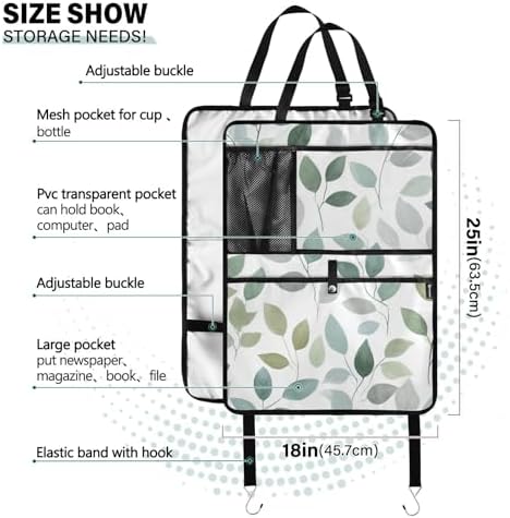 2 Pack Back Seat Car Organizer with Storage Pockets Kick Mats Back Seat Protector Hanging Car Organizer Automotive Seat Back Cover Organizers Fresh Green and Grey Leaves