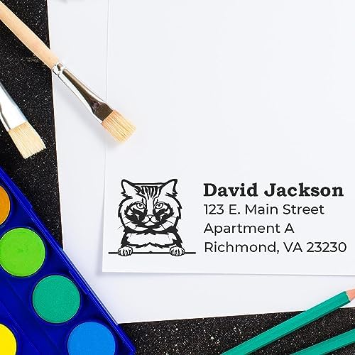 Peeking American Bobtail Cat Wood Handle Address Stamp - Custom Stamper | American Bobtail Cat Rectangular Address Stamp. Swap pads to change color. Rubber Address Stamp for Pet Sitters Custom.