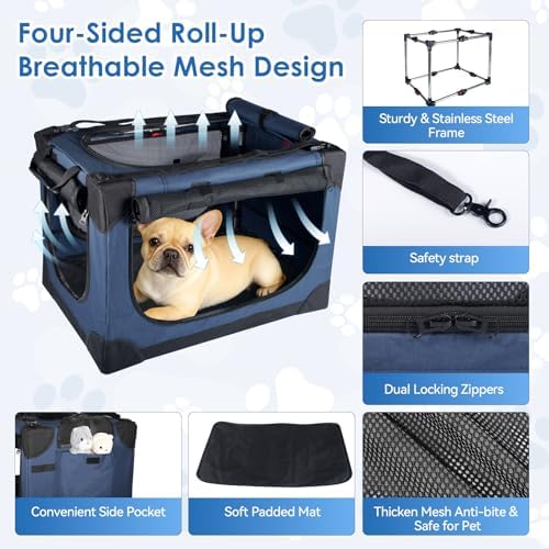 24 Inch Collapsible Soft Dog Crate for Small Dogs, Travel Dog Crate Bule | Portable Dog Crate Soft Sided, 4-sided Mesh Vents, Foldable with Storage Bag, Fit Small Dogs & Large Cats, Indoor/Outdoor