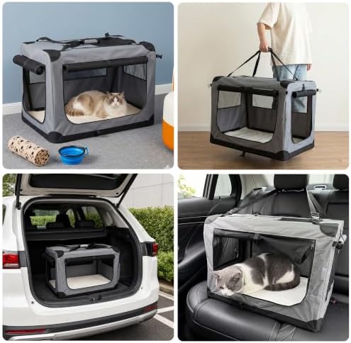 XL Soft Dog Crate for Car Travel - Collapsible 3-Door Portable Kennel with Washable 600D Cover, Fleece Bed, Storage Pocket, Safety Zippers - XL Size