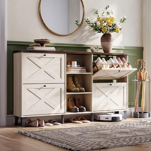 LINSY 63" Farmhouse Shoe Storage Cabinet Washed White | Tall Flip-Drawer Shoe Rack for Entryway, Adjustable Shelves for Boots, Heels & Sneakers Wood Finish with Sturdy Metal Legs