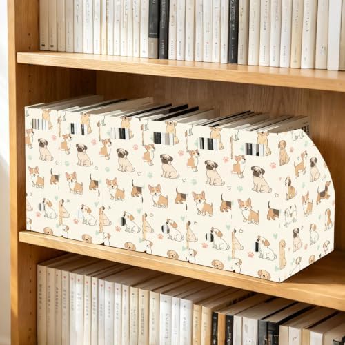 SPRIPORT Cartoon Pets Dogs Paw Pattern Water Resistant PP Magazine File Holder Organizer for Desk, Foldable Storage Rack for Library School Office Document Sorter with Labels 23x30x10cm (3 Pack)