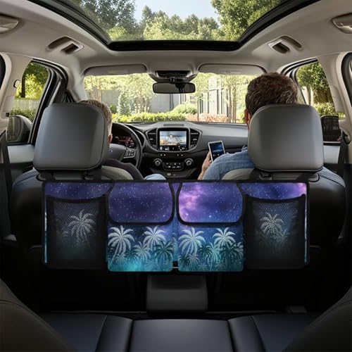 Starry Night Vacation Style Hanging Organizer for Car Trunk Auto Back Seat Storage Bag with 2 Pockets 2 Mesh Pouches Collapsible Detachable Automotive Interior Accessories