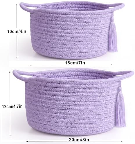 Small Gift Basket Empty to Fill, 2 Pack, Mini Woven Basket Purple | Cute Decorative Mini Rope Storage Baskets with Cellophane Bags & Ribbons; Two Sizes for Gifting, Bathroom Counter or Desk