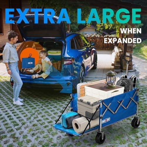 Overmont Folding Wagon with Tailgate, 300 lb Heavy Duty Collapsible Cart | 200L Large Capacity, All-Terrain Swivel Wheels with Dual Brakes, 49.2 in Extended Bed for Camping, Beach, Sports & Garden