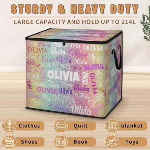 Personalized Name Foldable Storage Basket Cubes with Lid, Laundry Hamper Dirty Clothes Pet Toys Storage Bin with Handles for Shelf Home Closet Kitchen, Yellow Pale Turquoise Pink Glittering