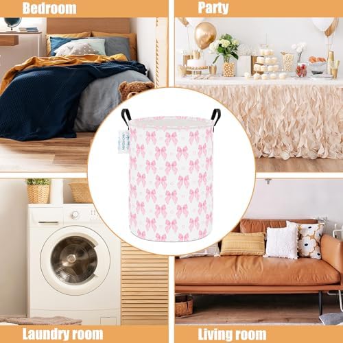 Round Laundry Basket Collapsible Storage Hamper Pink Bowknot | Waterproof Canvas Foldable Baskets with sturdy Handles Multi-scene Organizer for Home Play Bedroom Gift Bin