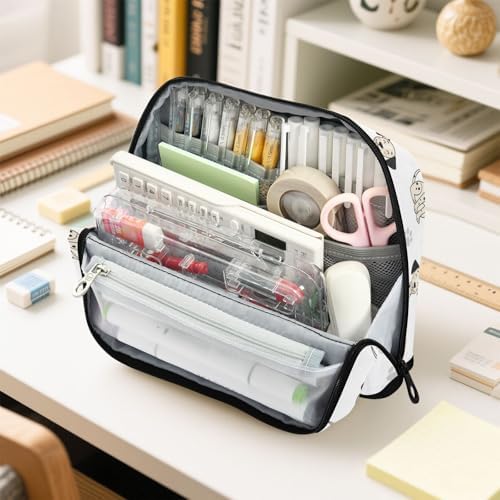 Emelivor Cute Dogs White Pets Pattern Large Capacity Pencil Case Stand Up Pencil Pouch for School Office Aesthetic Pen Organizer Bag with Pockets Portable Makeup Pouch for Adults Teens Kids