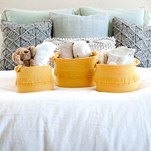 NaturalCozy 3-Piece Boho Decor Storage Basket Set – Cotton Rope Woven Baskets for Organizing! Small Basket for Baby Stuff, Baby Shower, Gift Basket, Nursery Basket, Planter, Toy Basket, Shelves