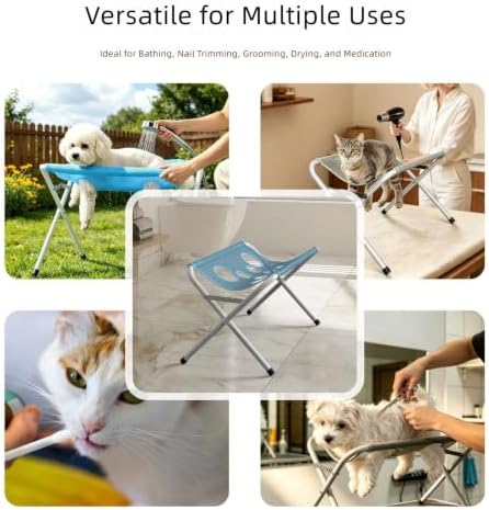 Foldable Pet Bathing Stand, Portable Grooming Rack 10kg | Triangular Steel Frame, Breathable Mesh Net, 8 Hole Restraint, Space Saving Folding Design