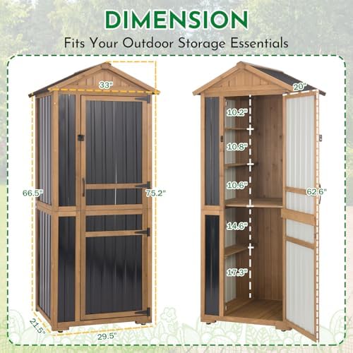 Ketive Outdoor Storage Cabinet 70 Inch, Wooden Vertical Garden Tool Storage Shed with Adjustable Shelves, Waterproof Roof, Lockable Doors, Small Backyard Utility Cabinet for Patio Garage