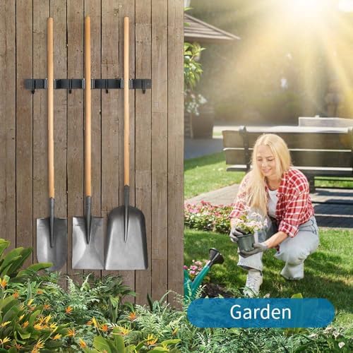 JAMEND CLXP Broom Hanger and Mop Holder, Heavy Duty Garden Tool Organizer Rack Rake and Shovel Handle, Stainless Steel Wall Mounted Utility Rack with Screws (5 Racks with 4 Hooks, Matte Black).