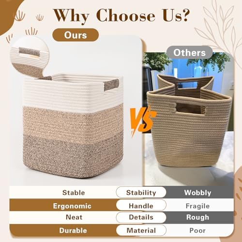 12 Inch Storage Cubes, 3 Pack Cube Storage Bins for Organizing, Cotton Rope Woven Baskets for Shelves, Bathroom, Kids Room, Closets, Baby Nursery